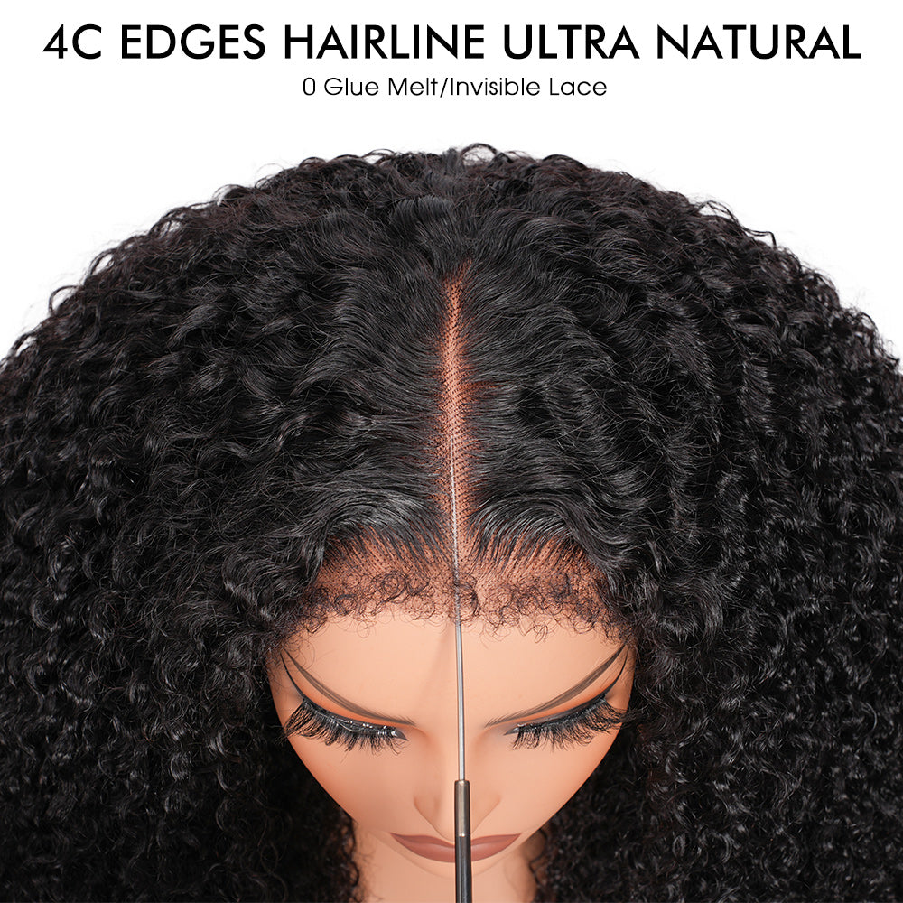 Glueless Kinky Curly Human Hair Wig with 4C Edge Natural Hairline Pre Cut 13x4 HD Lace Wig with Drawstring