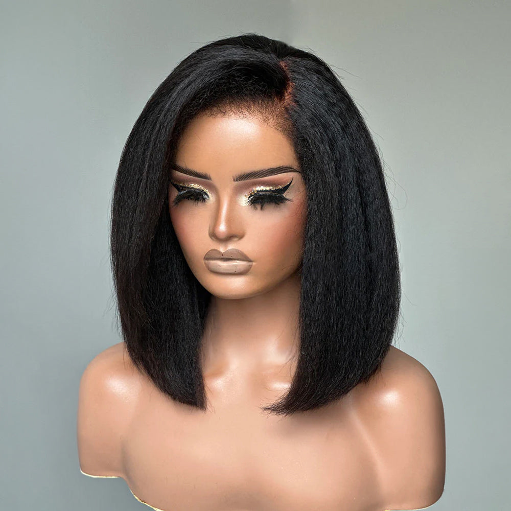 4C Kinky Edges 10 Inch Kinky Straight Bob Wig Glueless Lace Front Human Hair