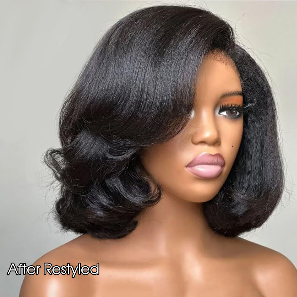 4C Kinky Edges 10 Inch Kinky Straight Bob Wig Glueless Lace Front Human Hair