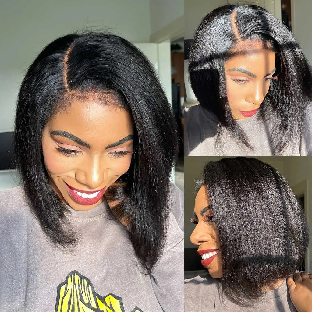 4C Kinky Edges 10 Inch Kinky Straight Bob Wig Glueless Lace Front Human Hair