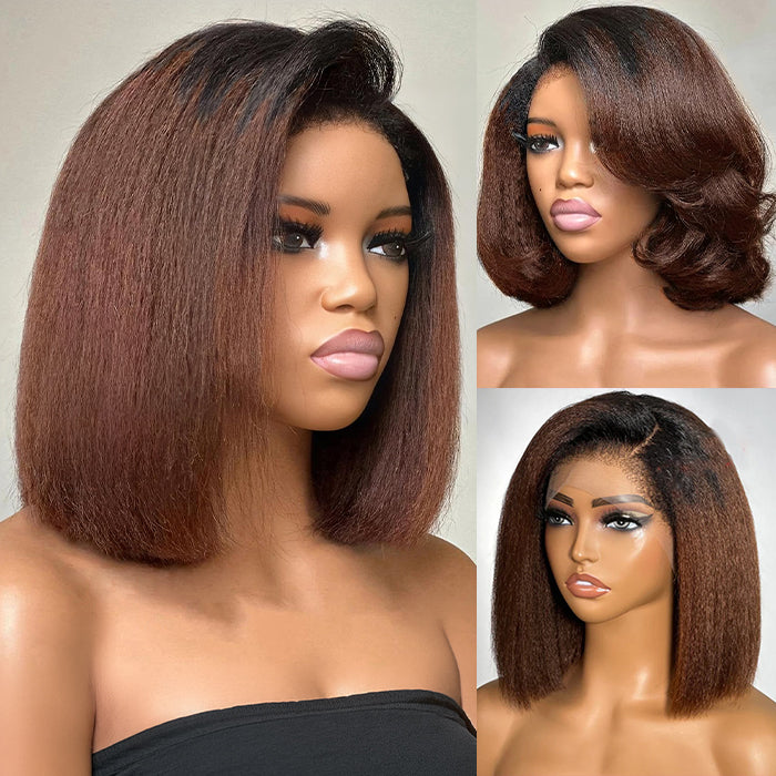 4C Kinky Edges 10 Inch Kinky Straight Bob Wig Glueless Lace Front Human Hair