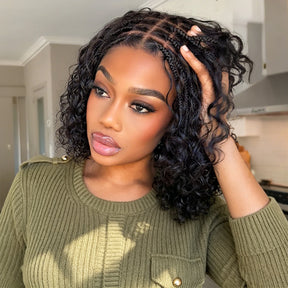 Short Boho Braids Bob Wig Water Wave Pre Cut 8x5 HD Full Lace Drawstring Human Hair