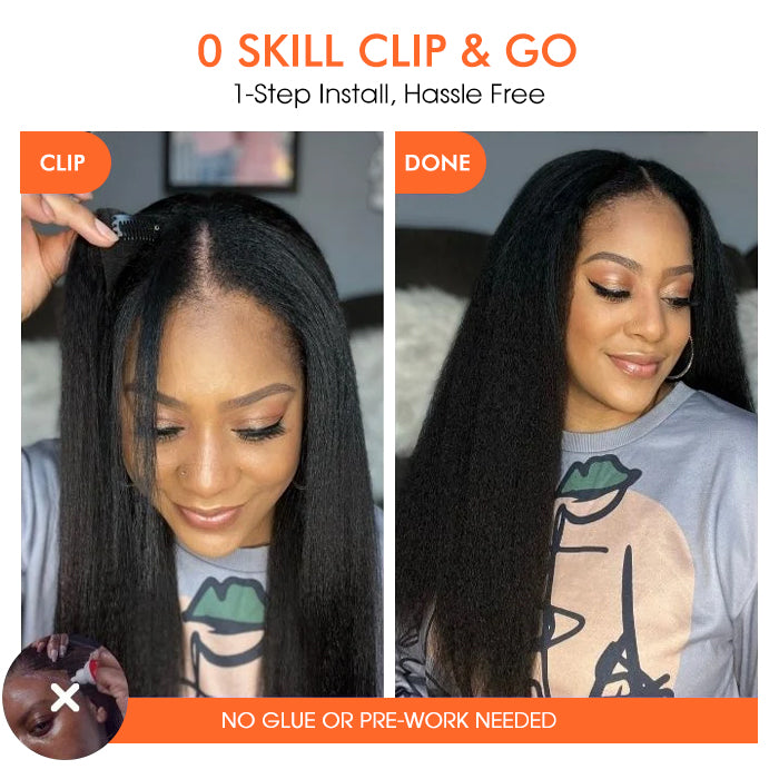 Kinky Straight Blend Natural V Part Human Hair Wigs with Minimal Leave-Out For Protective Style
