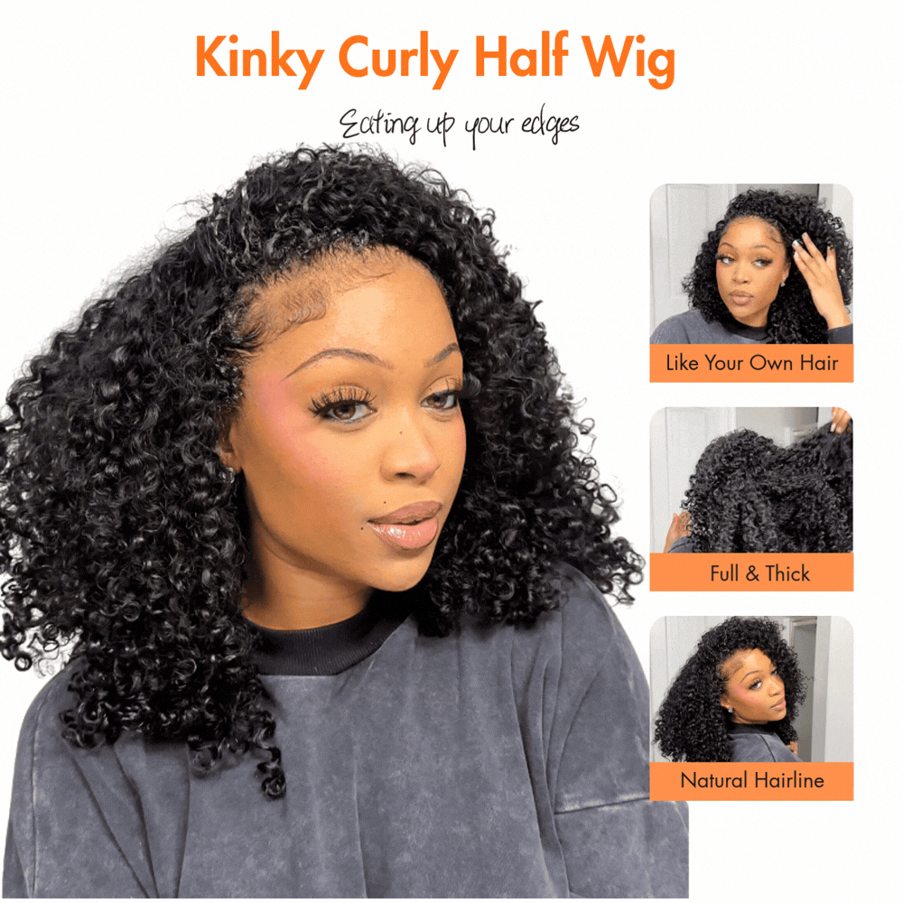 3 In 1 Half Wig | Kinky Curly Comfortable Fit Glueless Install Filp Over Half Wig With Adjustable Drawstring