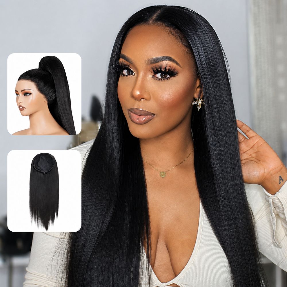 3 In 1 Half Wig | Yaki Straight Comfortable Fit Glueless Install Filp Over Half Wig With Adjustable Drawstring
