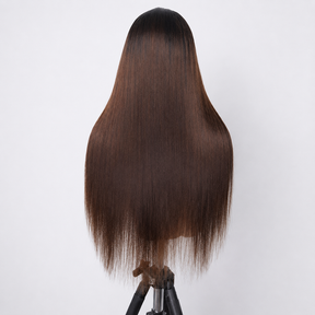 3 In 1 Half Wig | Black To Brown Ombre Straight No Glue Needed Install Filp Over Half Wig With Adjustable Drawstring