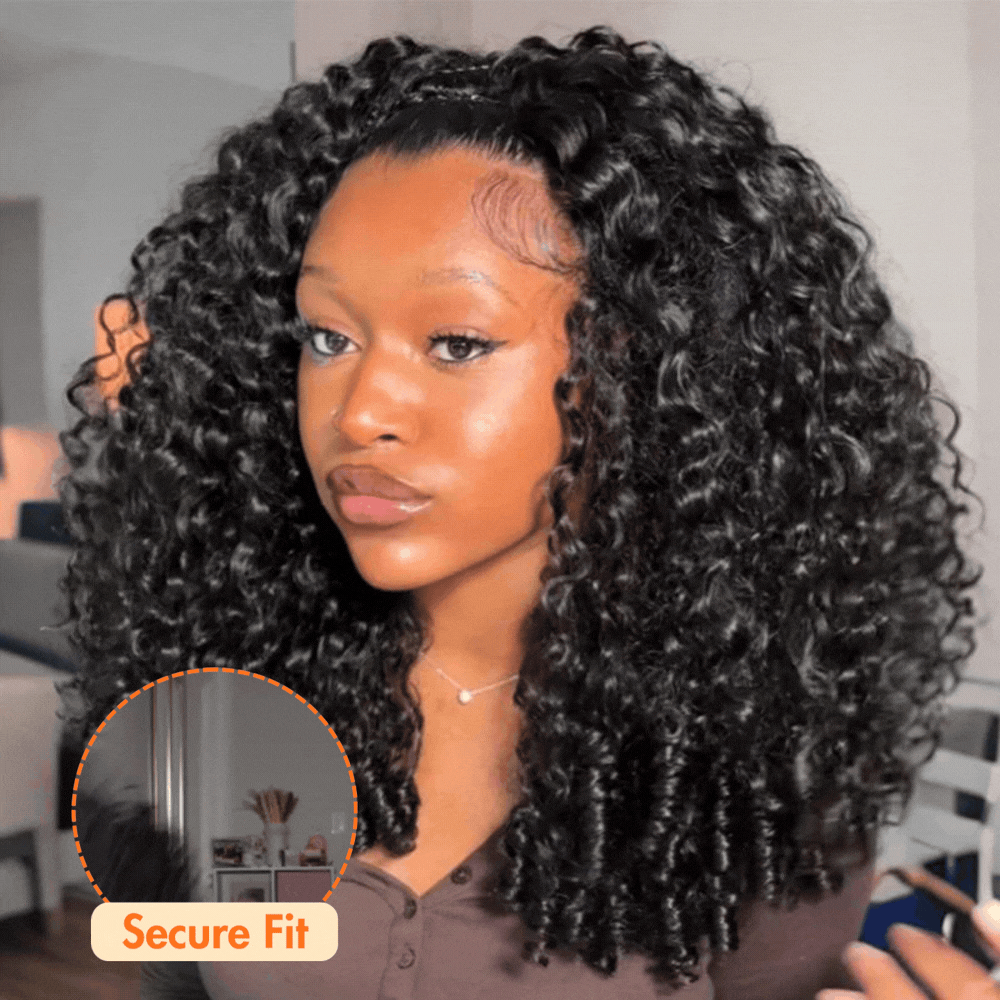 3 In 1 Half Wig | Burmese Curly With Finger Coil Ends Glueless Install Filp Over Half Wig With Adjustable Drawstring