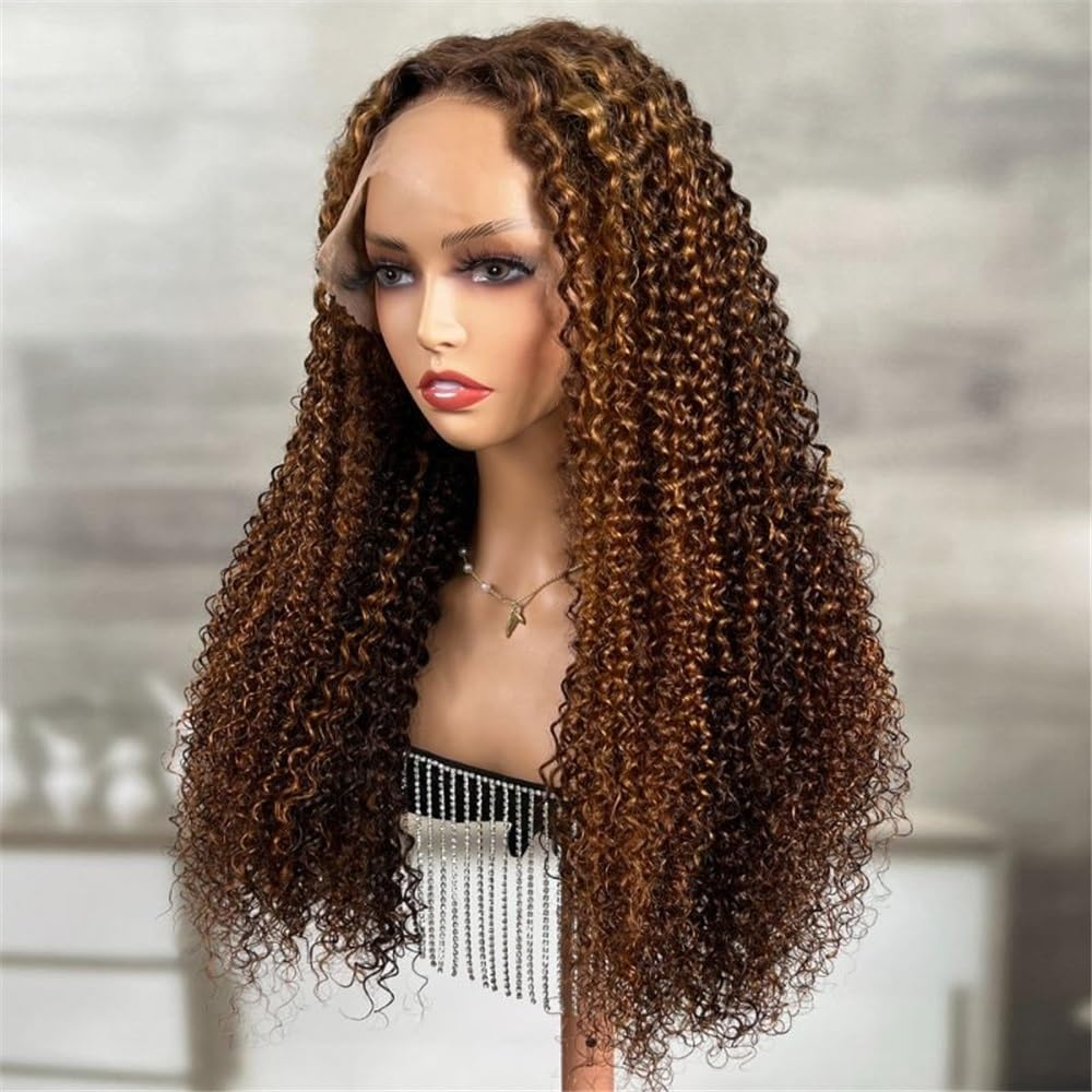 Pizazz 4C Edges Honey Blonde Highlight 4/27 Curly Kinky Edges 13x6 HD Lace Front Wig 100% Human Hair