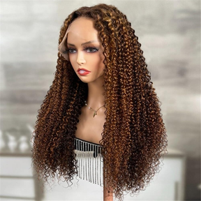 Pizazz 4C Edges Honey Blonde Highlight 4/27 Curly Kinky Edges 13x6 HD Lace Front Wig 100% Human Hair