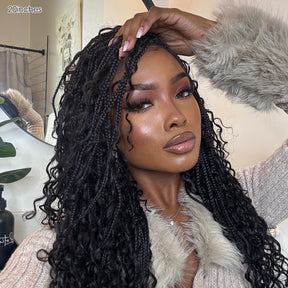 Pizazz Human Hair Boho Braids With Curls 13x6 Full Lace Knotless Boho Box Braided Drawstring Pull Go Wig