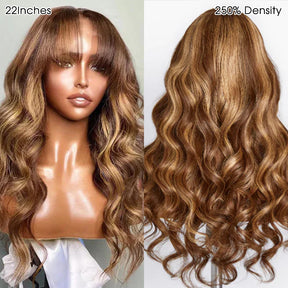 Curtain Bangs Highlight Honey Blonde Ombre 4/27  Body Wave Human Hair Glueless HD Lace Wigs