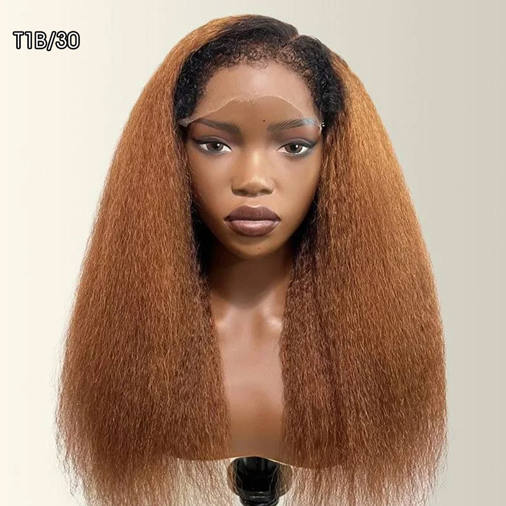 Kinky Edges 30# Medium Auburn Color Kinky Straight 13x4 Glueless HD Lace Human Hair Wig