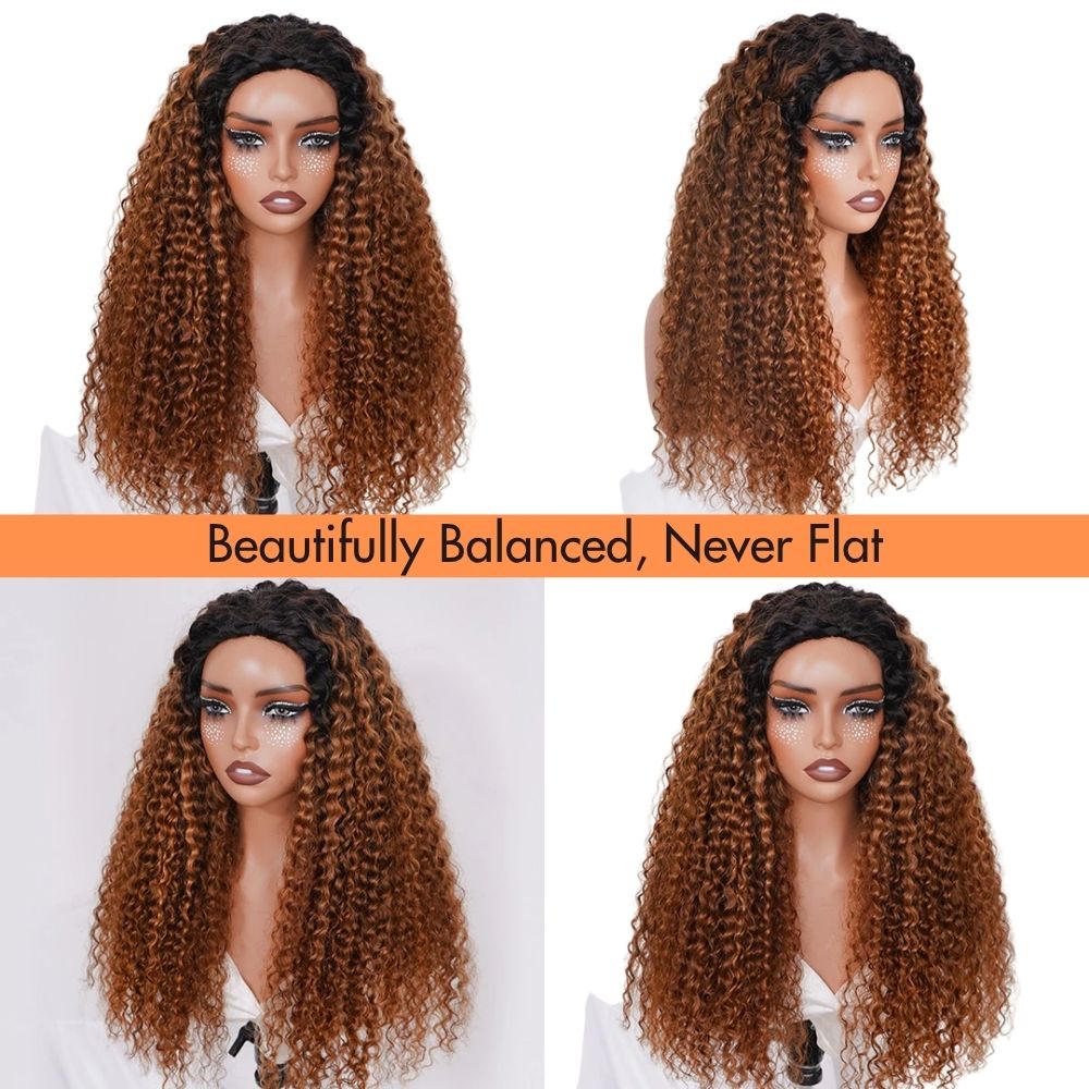 3 In 1 Half Wig | Ombre Brown Wig With Black Roots Curly No Glue Needed Install Filp Over Half Wig With Adjustable Drawstring