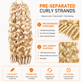613 Honey Blonde Pre-Separated Burmese Curly Crochet Human Hair, Real Human Hair Crochet Extensions, Lightweight Reusable Curly Strands