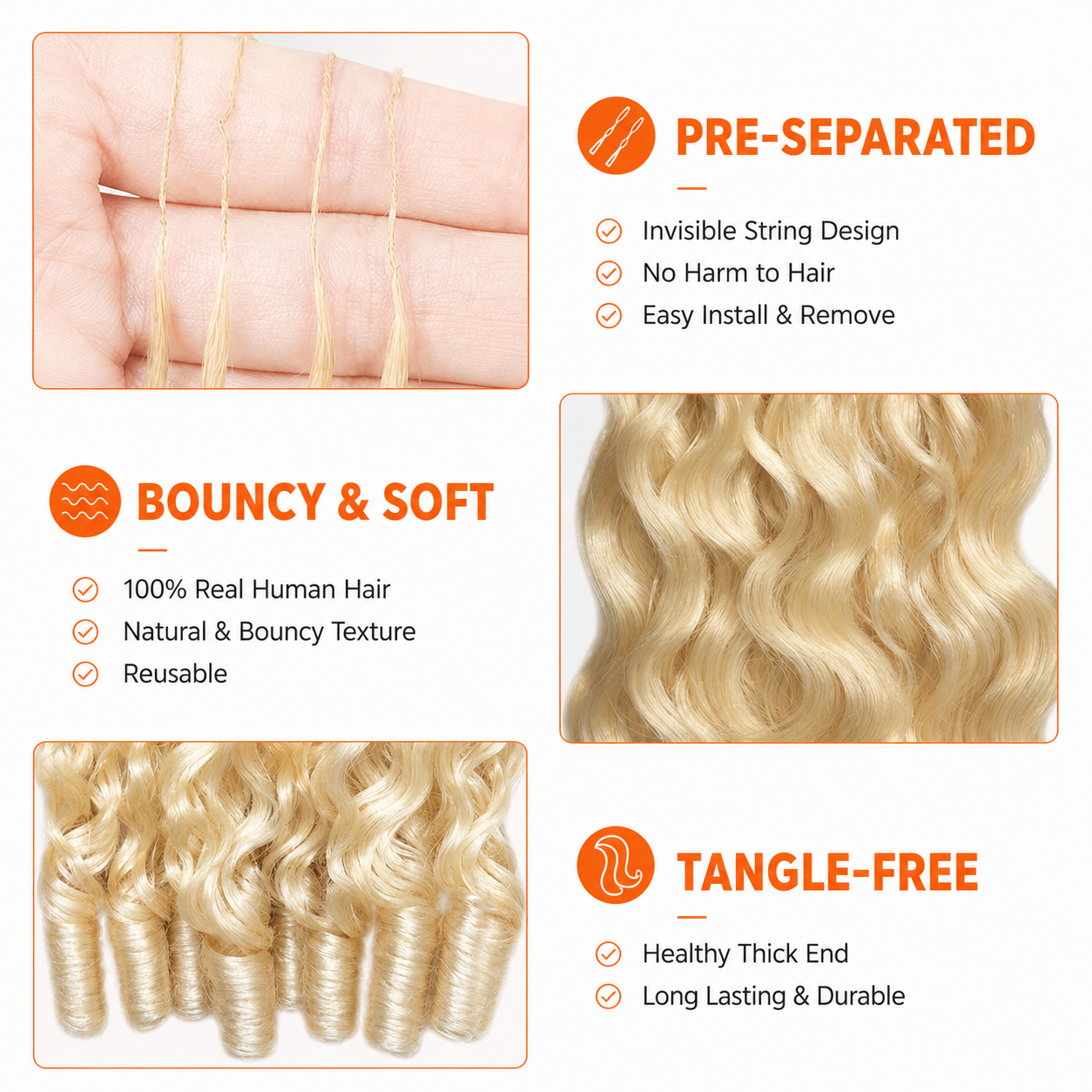 613 Honey Blonde Pre-Separated Burmese Curly Crochet Human Hair, Real Human Hair Crochet Extensions, Lightweight Reusable Curly Strands