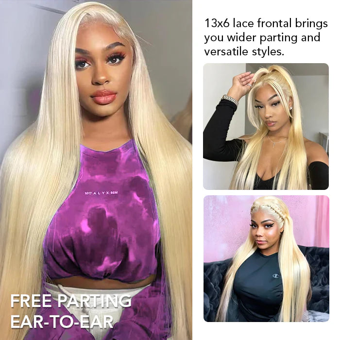 613 Blonde Color 13*6 HD Lace Frontal Silk Straight  Human Hair Wigs 180% Density