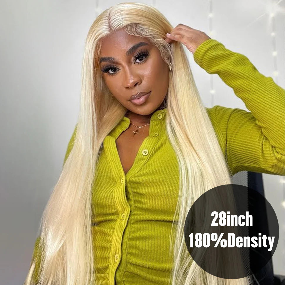 613 Blonde Color 13*6 HD Lace Frontal Silk Straight  Human Hair Wigs 180% Density