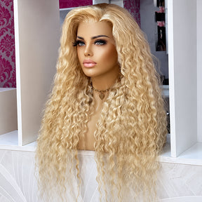 Honey Blonde Water Wave Frontal Wig with Natural Hairline Glueless Put on go® Human Hair Wig Pre Cut Lace