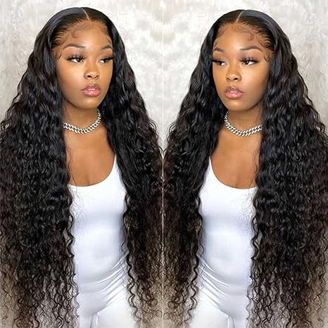 Pizazz 13x4 HD Transparent Lace Front Wigs Human Hair Pre plucked Bleached Knots with Baby Hair 12A 180 Density Brazilian Deep Wave Frontal Wigs for Black Women(26 Inch, Black color)