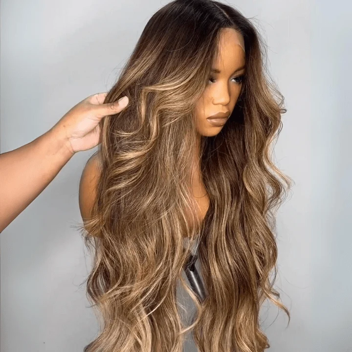 Honey Blonde Mix Brown Highlight Body Wave Glueless 13x4 HD Transparent Lace Front Human Hair Wig Pre‑Plucked Pre‑Cut Lace