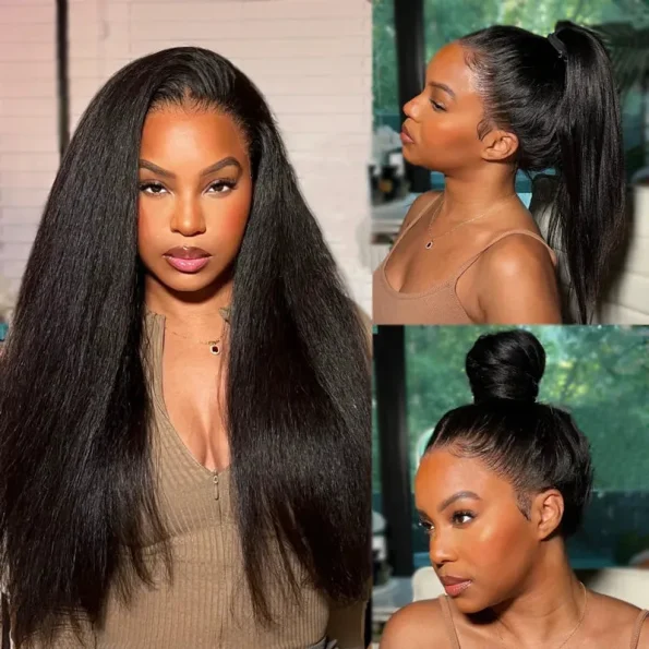 Pizazz Hair Yaki Straight Invisi-Drawstring 360 Glueless Wig Pre-Cut Lace Pre Bleached Knots Fit All Head