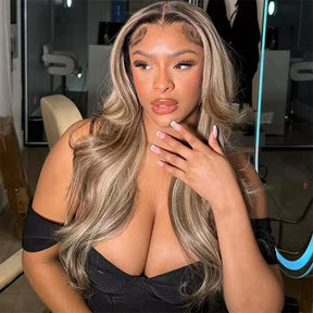 Body Wave Ash Brown Highlight Wig With Dark Roots Human Hair 5x5 13×4 13x6 HD Lace Frontal Wigs Pre Cut Lace