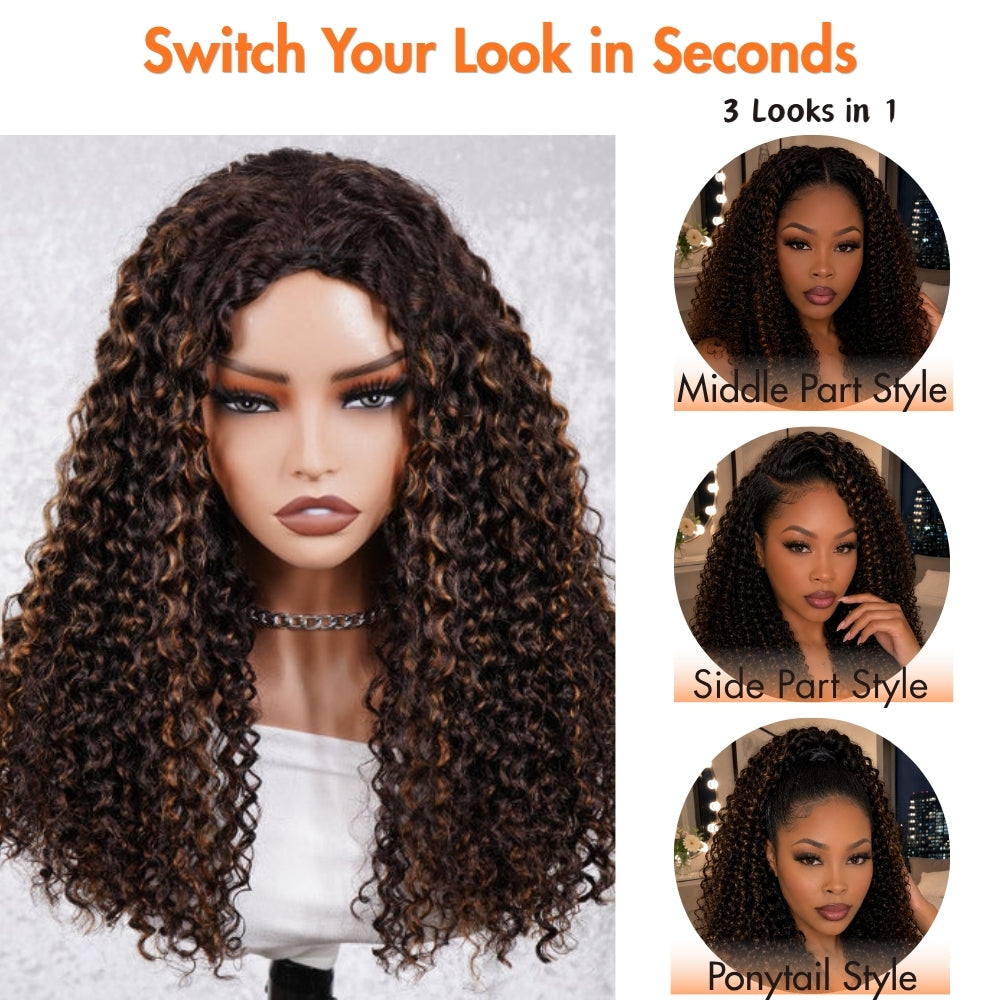 3 In 1 Half Wig | Balayage Highlight Ombre Brown Curly No Glue Needed Install Filp Over Half Wig With Adjustable Drawstring