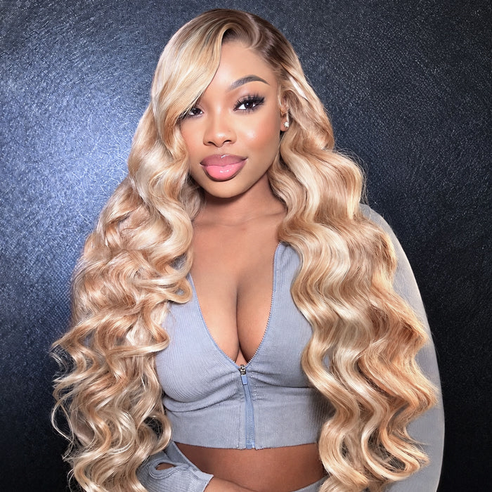 Body Wave Ash Blonde Highlight Wig With Dark Roots Human Hair 5x5 13×4 13x6 HD Lace Frontal Wigs Pre Cut Lace