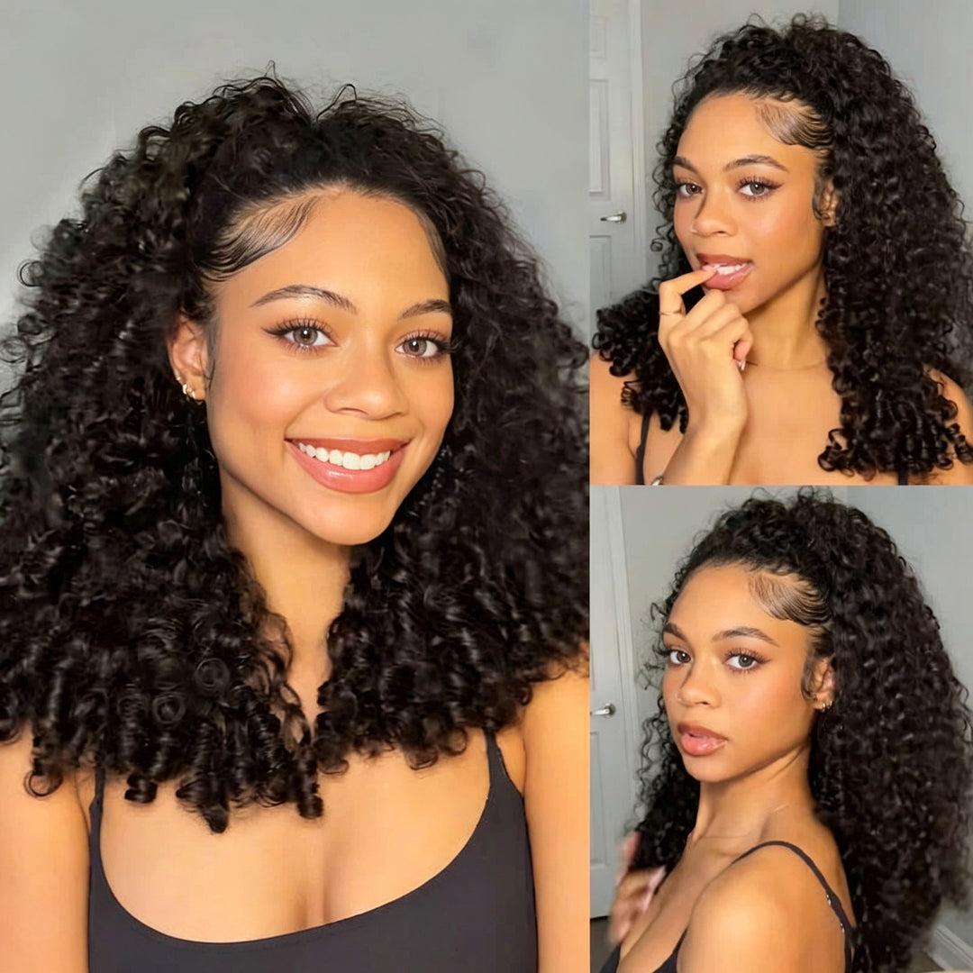 3 In 1 Half Wig | Burmese Curly With Finger Coil Ends Glueless Install Filp Over Half Wig With Adjustable Drawstring