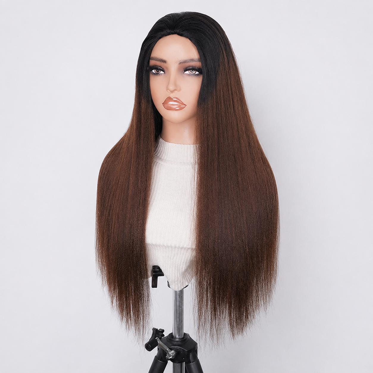 3 In 1 Half Wig | Black To Brown Ombre Straight No Glue Needed Install Filp Over Half Wig With Adjustable Drawstring