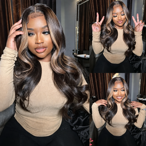 Money Piece Skunk Stripe Highlight Brown Body Wave Lace Front Wigs Glueless Human Hair For Women