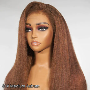 Kinky Edges 30# Medium Auburn Color Kinky Straight 13x4 Glueless HD Lace Human Hair Wig