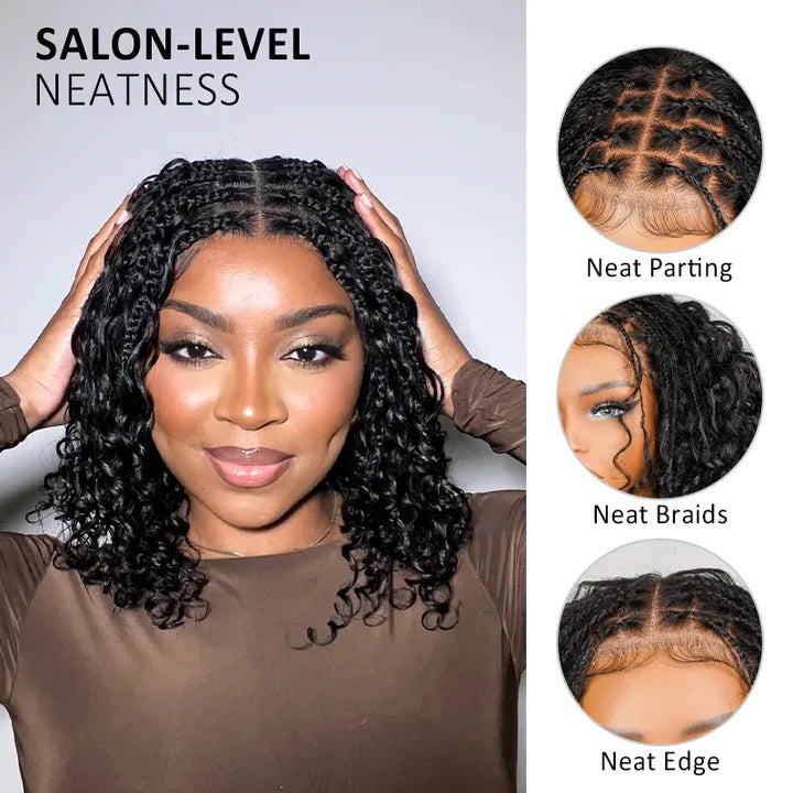 Short Boho Braids Bob Wig Water Wave Pre Cut 8x5 HD Full Lace Drawstring Human Hair