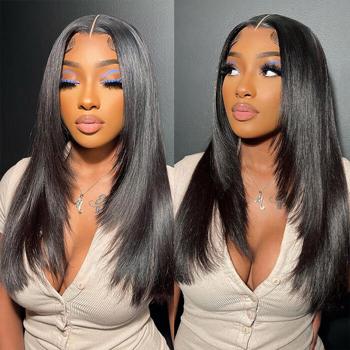 250% Density Silky Straight Layered Human Hair Wigs 5x5 Glueless HD Lace Closure Wigs Easy To Wear