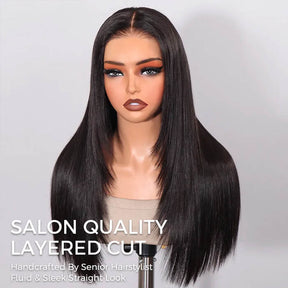 250% Density Silky Straight Layered Human Hair Wigs 5x5 Glueless HD Lace Closure Wigs Easy To Wear