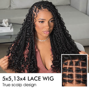 Knotless Boho Braided Water Wave Wig Glueless Pre-Cut Lace Human Hair Braided Wigs For Women