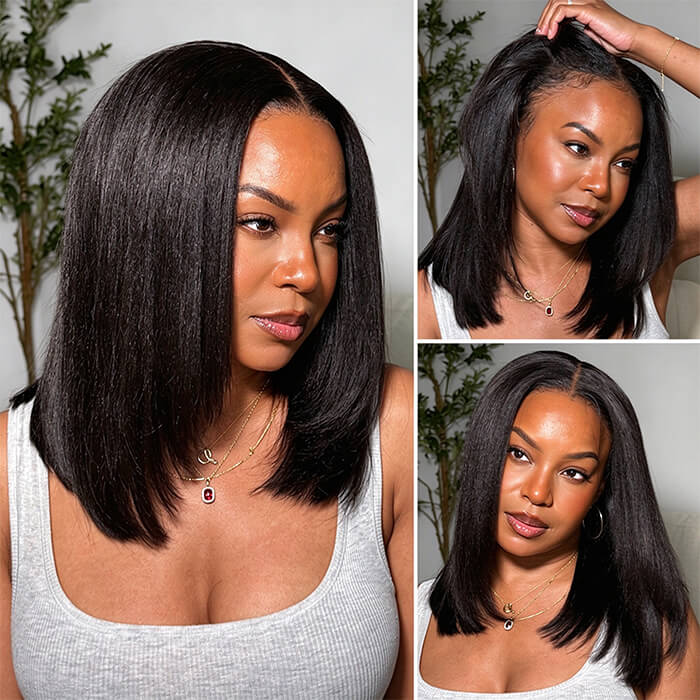 Layered Cut Chestnut Brown Ombre Yaki Straight 13X6 Glueless Bob Wig Pull Go Pre Cut Lace Wig Natural Human Hair Wig