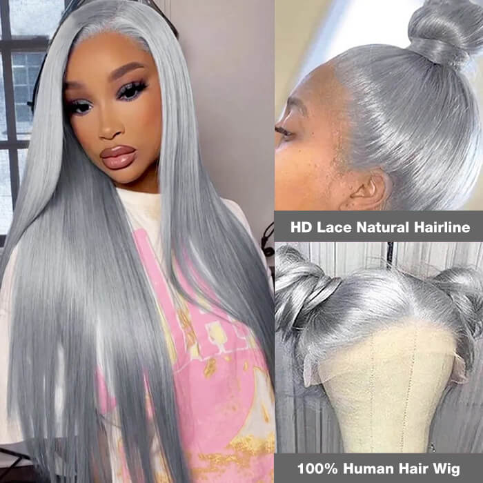 Silver Grey Color Wig Straight Human Hair 13x4 HD Lace Front Wigs For Women