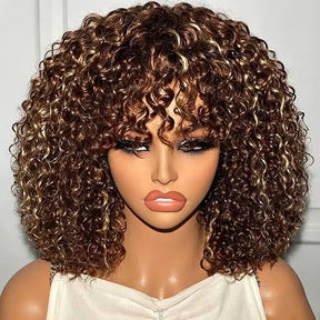 Glueless Brown Highlight Curly Human Hair Wigs with Bang Pre Cut 5x5 HD Lace Closure Wig For Women