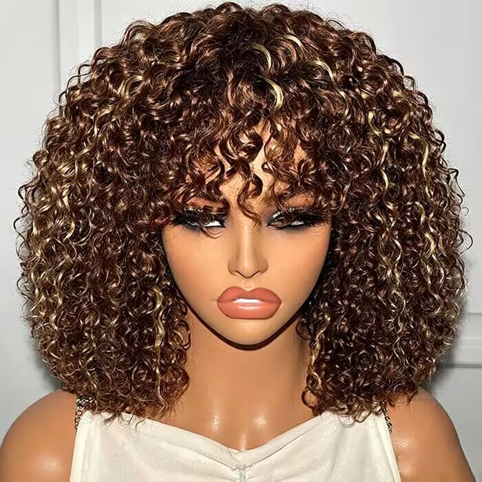 Glueless Brown Highlight Curly Human Hair Wigs with Bang Pre Cut 5x5 HD Lace Closure Wig For Women