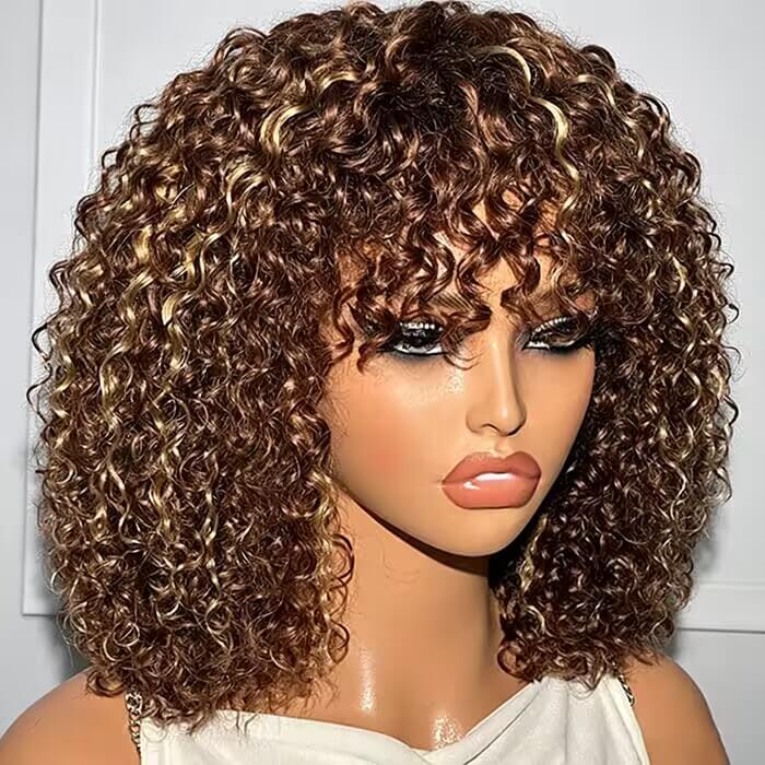Glueless Brown Highlight Curly Human Hair Wigs with Bang Pre Cut 5x5 HD Lace Closure Wig For Women