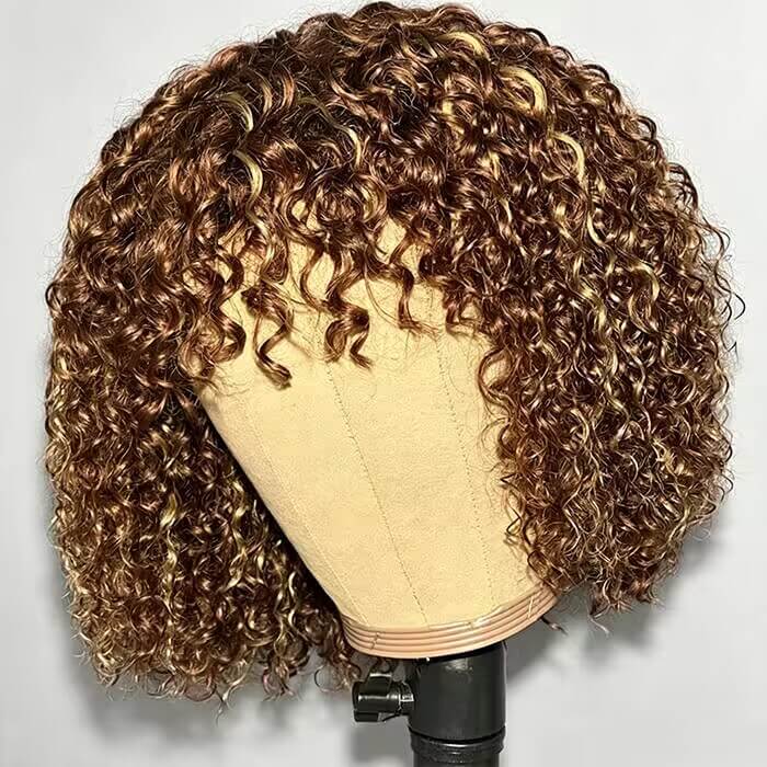 Glueless Brown Highlight Curly Human Hair Wigs with Bang Pre Cut 5x5 HD Lace Closure Wig For Women