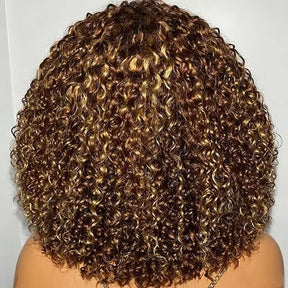 Glueless Brown Highlight Curly Human Hair Wigs with Bang Pre Cut 5x5 HD Lace Closure Wig For Women