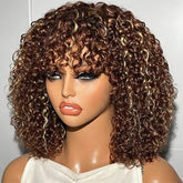 Glueless Brown Highlight Curly Human Hair Wigs with Bang Pre Cut 5x5 HD Lace Closure Wig For Women