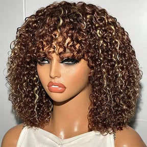 Glueless Brown Highlight Curly Human Hair Wigs with Bang Pre Cut 5x5 HD Lace Closure Wig For Women