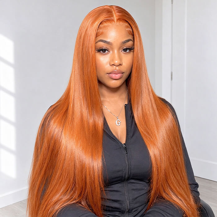 Ginger Color Straight Human Hair Glueless 5x5 13x4 HD Lace Wig with Pre Plucked Hairline Pre-cut Lace