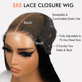 Water Wave 5x5 Closure Wig Natural Wave Human Hair Glueless Wig with Pre Plucked Hairline