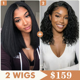 2 Wigs Set | 220% Density  5x5 Water Wave Bob Lace Wig and Kinky Straight Bob V Part Wig Flash Sale