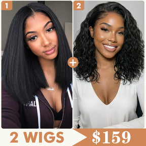 2 Wigs Set | 220% Density  5x5 Water Wave Bob Lace Wig and Kinky Straight Bob V Part Wig Flash Sale