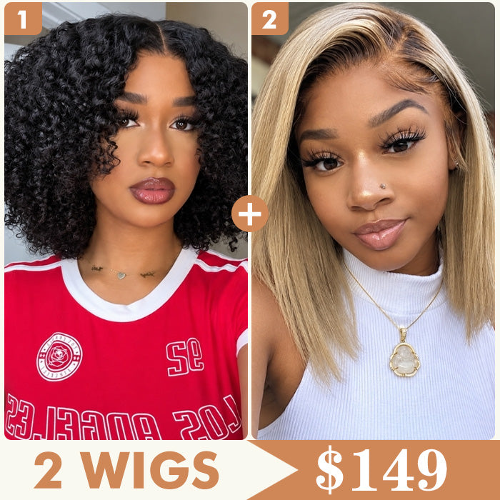 2 Wigs Set | 220% Density 5x5 Curly Lace Wig and Silky Straight T4/613 Ombre Blonde Bob Lace Wig